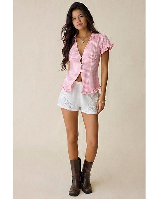 Kimchi Blue Pink Rebecca Ruffle Split-Front Slim Short Sleeve Button-Up Shirt Top