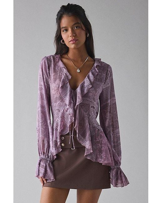 Kimchi Blue Purple Dream Catcher Ruffle Bell Sleeve Flyaway Blouse
