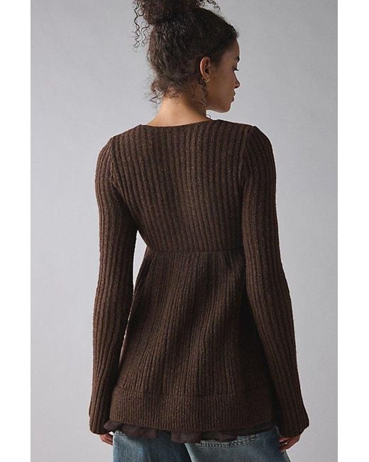 Kimchi Blue Brown Hannah Printed Ruffle Trim Babydoll Sweater