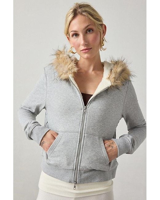 Out From Under Gray Bundle Up Faux Fur Trim Zip-Up Hoodie Sweatshirt