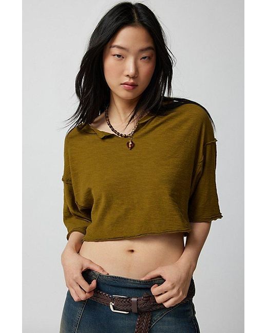 Urban Outfitters Green Uo Brayden Cropped Notch Neck Tee