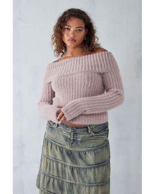 Urban Outfitters Pink Uo Eyelash Knit Off-the-shoulder Top