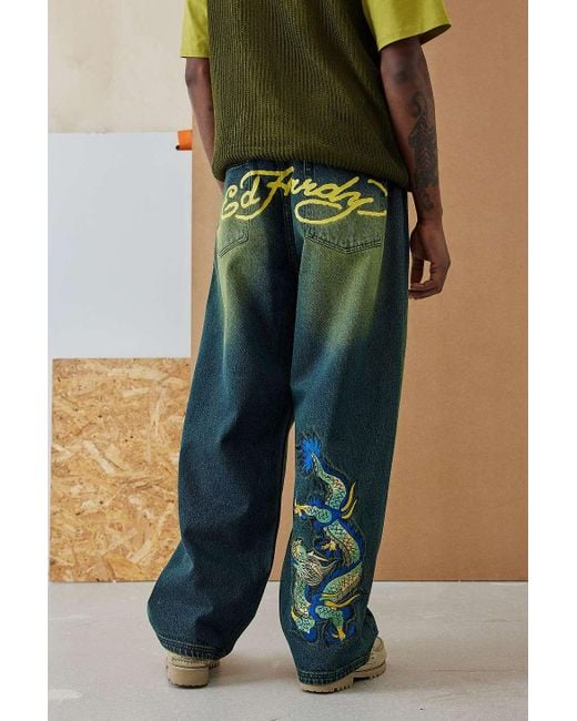 Ed Hardy Green Uo Exclusive Blue Tint Denim Dragon Jeans for men