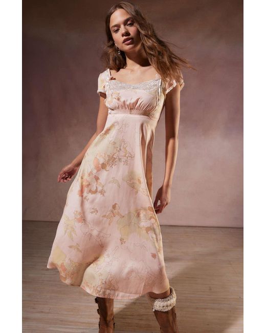 Kimchi Blue Brown Trudy Lace-trim Floral Midi Dress In Pink Combo,at Urban Outfitters