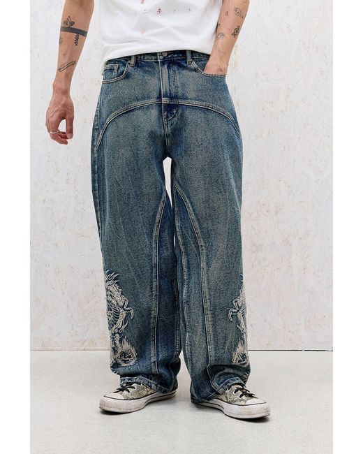 Ed Hardy Uo Exclusive Blue Panelled Embroidered Jeans for men