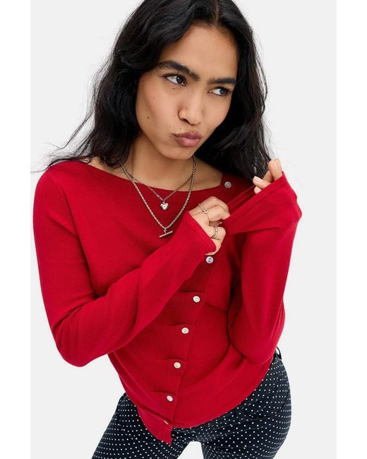 BDG Red Lumi Button-up Pleated Asymmetric Placket Top