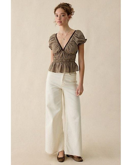 Kimchi Blue Natural Jane Ruched Lace Trim Short Sleeve Blouse