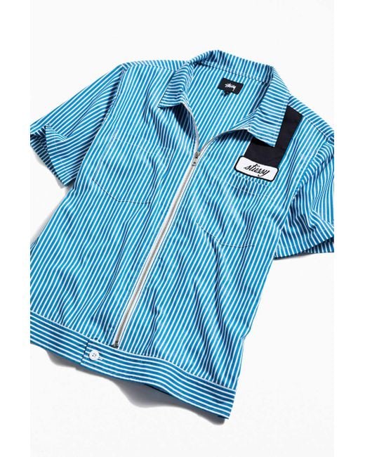Stussy Blue Zip-up Short Sleeve Striped Work Shirt for men