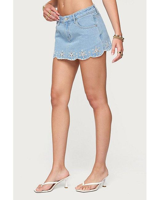 Edikted Blue Eyelet Scallop Denim Mini Skort