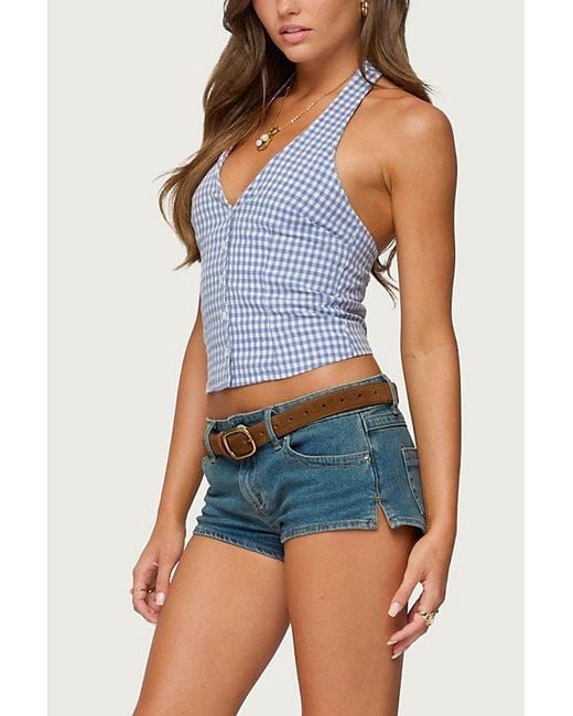 Edikted Blue Evan Gingham Button Up Halter Top
