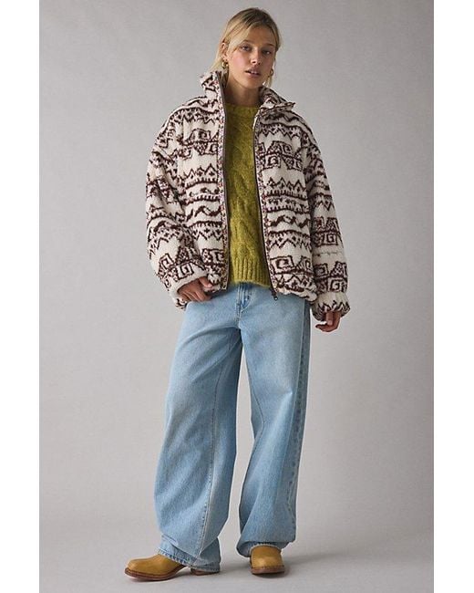 BDG Gray Mae Printed Piled Fleece Zip-Up Jacket