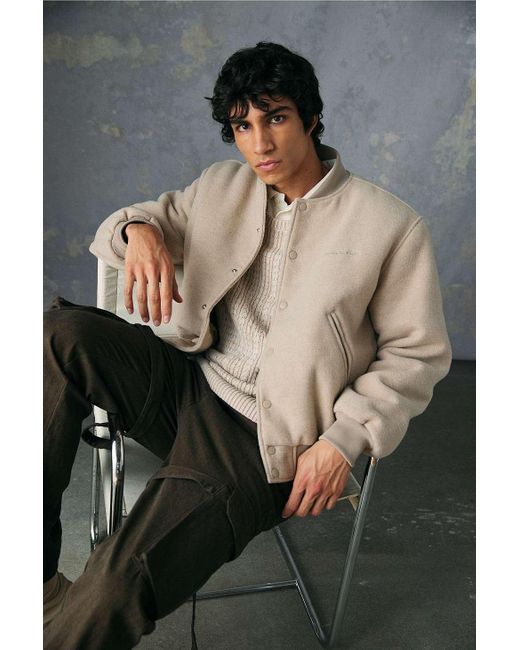 Standard Cloth Gray Beige Faux Wool Varsity Jacket for men