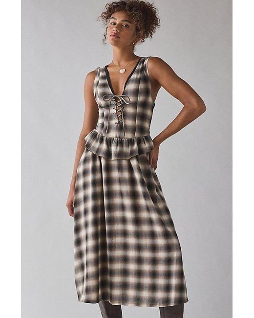 Urban Outfitters Multicolor Uo Perfectly Plaid Lace-Up Ruffle Midi Dress