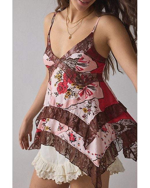 Kimchi Blue Red Asterid Lace Trim Asymmetric Babydoll Cami