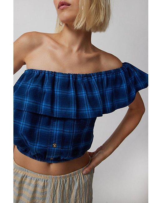 Urban Renewal Blue Remade One Shoulder Flannel Ruffle Top