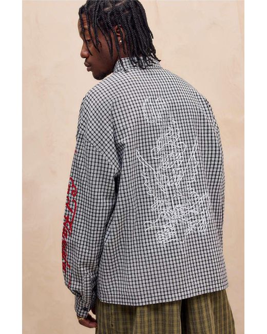 Ed Hardy Gray Uo Exclusive Black & White Check Sword Dragon Shirt M At Urban Outfitters for men