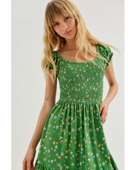 Urban Outfitters Uo Tessie Floral Smocked Mini Dress in Green | Lyst