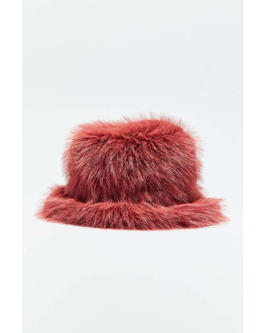 Urban Outfitters Red Ace Fluffy Faux Fur Bucket Hat