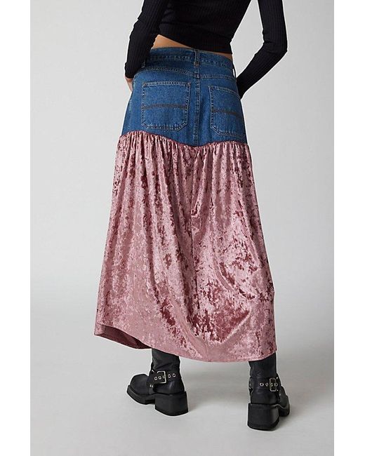 Urban Renewal Blue Parties Remade Denim & Velvet Maxi Skirt