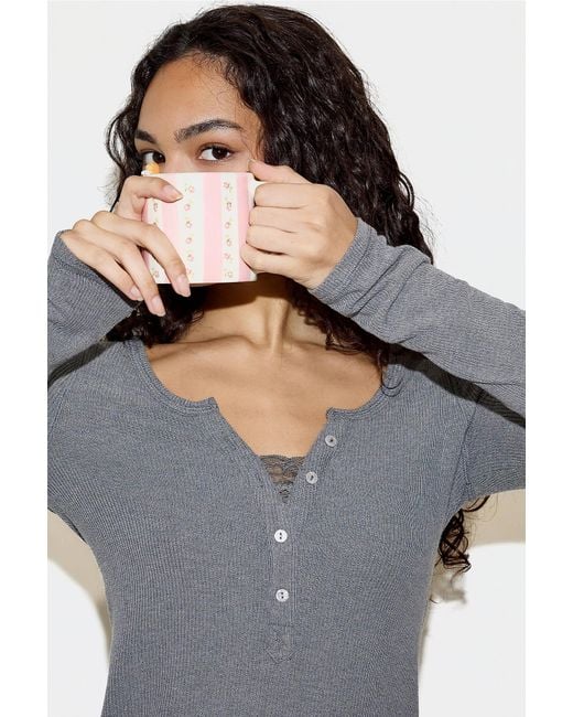 Out From Under Gray Diana Lace Insert Long Sleeve Top