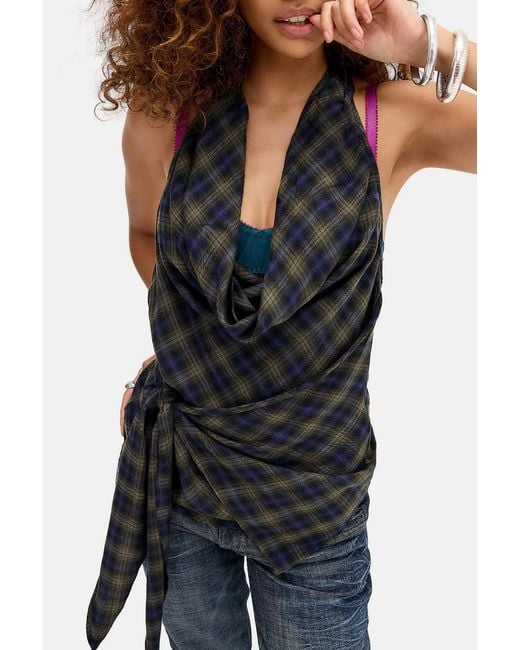 Silence + Noise Blue Silence + Noise Cassie Check Cowl Halter Top