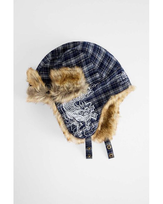 Ed Hardy Uo Exclusive Blue Check Trapper Hat for men