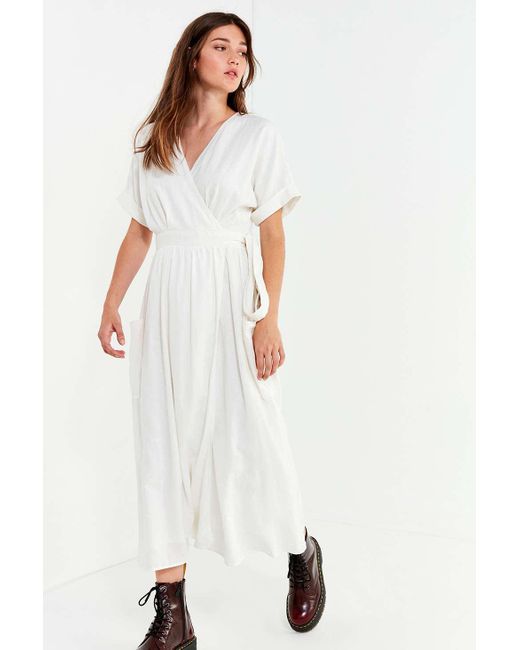 Urban Outfitters White Uo Gabrielle Linen Midi Wrap Dress