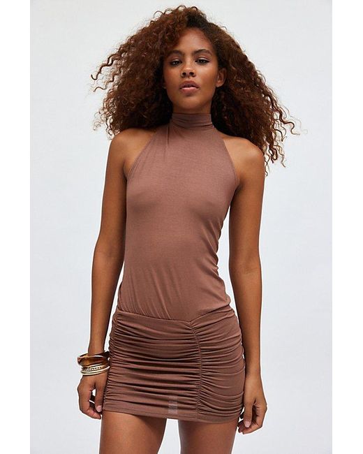 Silence + Noise Haddon High Neck Halter Open Back Mini Dress in Brown | Lyst