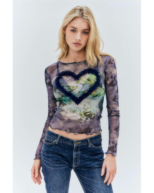 Urban Outfitters Blue Uo Maisie Butterfly Ruffle Heart Mesh Top