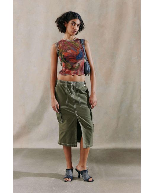 True Religion Green Uo Exclusive Cargo Midi Skirt In Olive,at Urban Outfitters