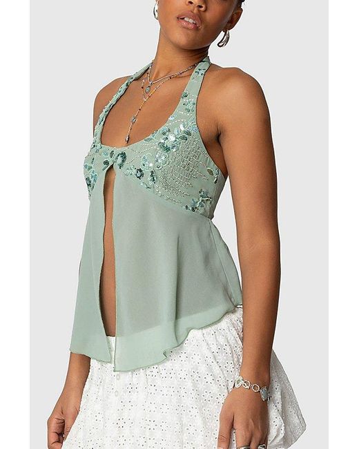 Edikted Blue Sequin Chiffon Split Front Top