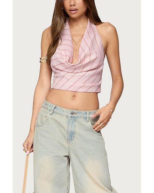 Edikted Pink Stripey Metallic Cowl Neck Halter Top