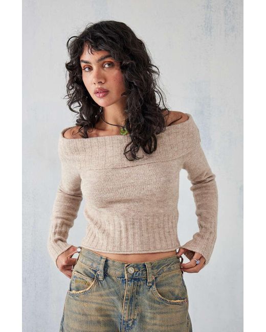 Urban Outfitters Natural Uo Knitted Off-the-shoulder Jumper Top