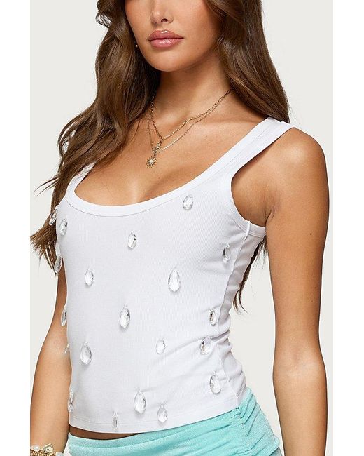 Edikted White Zelena Faux Crystal Ribbed Tank Top