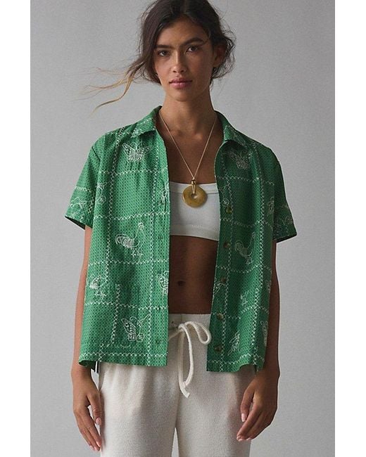 BDG Green Nash Embroidered Souvenir Short Sleeve Button-Down Shirt