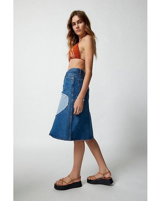 Urban Renewal Blue Remade Heart Patch Denim Midi Skirt