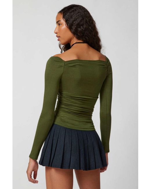Urban Outfitters Green Uo Sandy Off-the-shoulder Long Sleeve Top In Olive,at