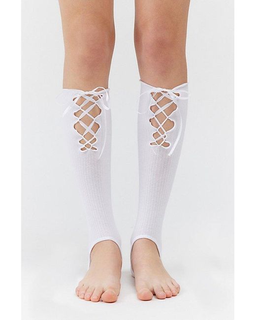 Urban Outfitters White Ribbed Lace-Up Stirrup Leg Warmers