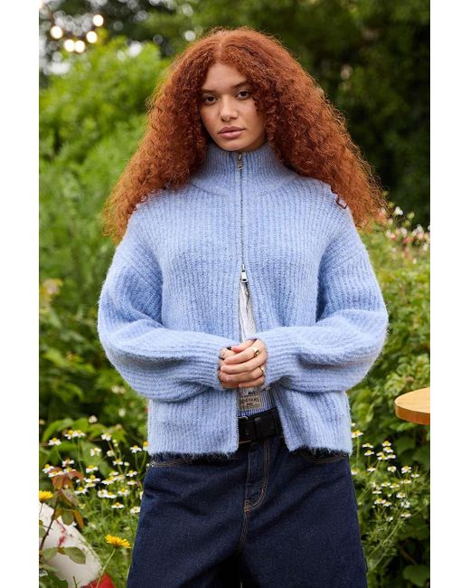 Urban Outfitters Blue Uo Finn Funnel Neck Zip-through Cardigan