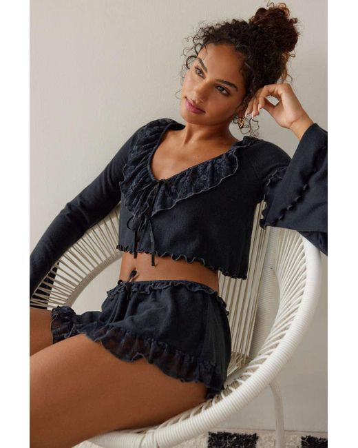 Out From Under Paisley Cozy Lace-trim Top & Short Set In Black,at Urban Outfitters