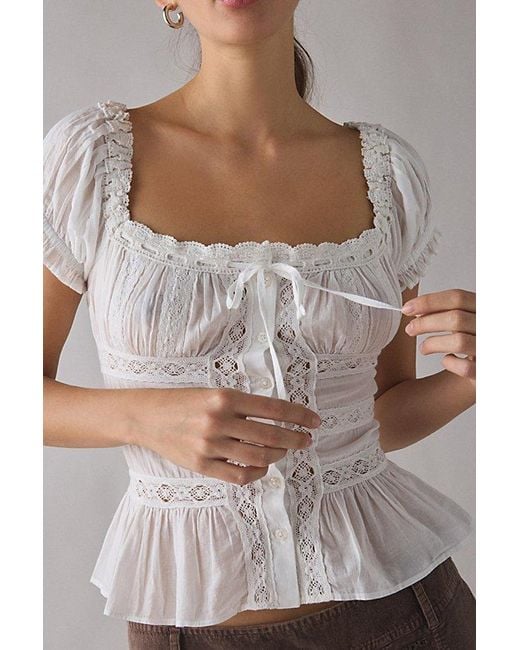 Kimchi Blue White Nora Lace Trim Puff Sleeve Button-Up Blouse