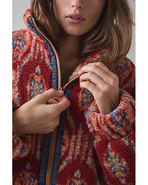 BDG Red Mae Printed Piled Fleece Zip-Up Jacket