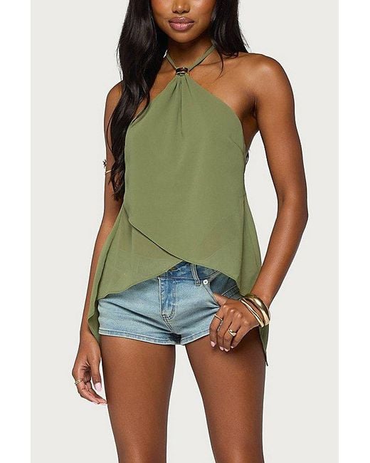 Edikted Green Chiffon Split Open Back Halter Top