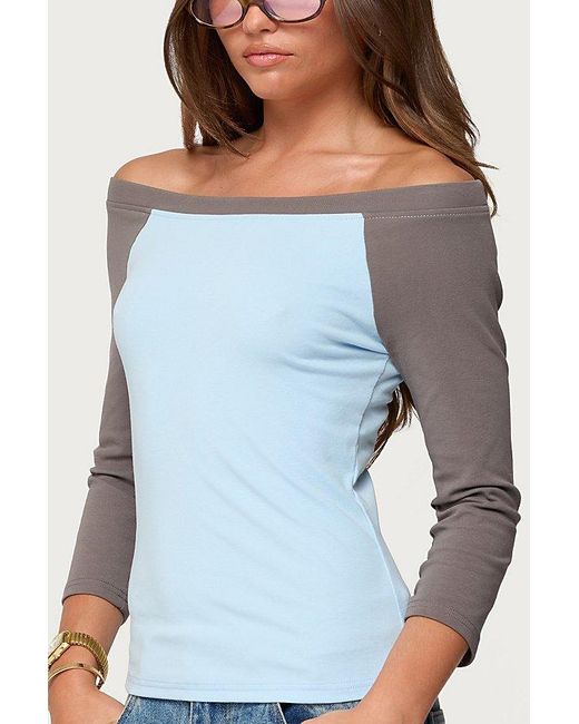 Edikted Blue Keri Off-The-Shoulder Contrast Raglan Top
