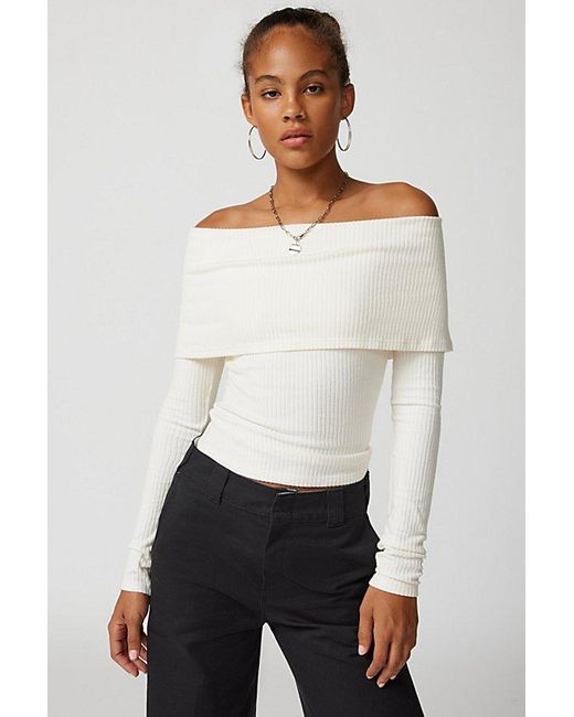 Urban Outfitters Natural Uo Hailey Foldover Off-The-Shoulder Long Sleeve Top