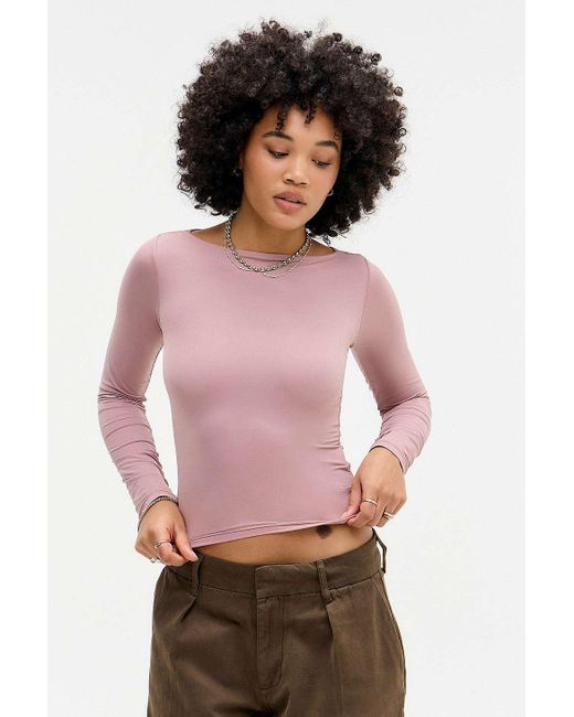 Urban Outfitters Pink Uo Mia Slinky Slash Neck Long Sleeve T-shirt