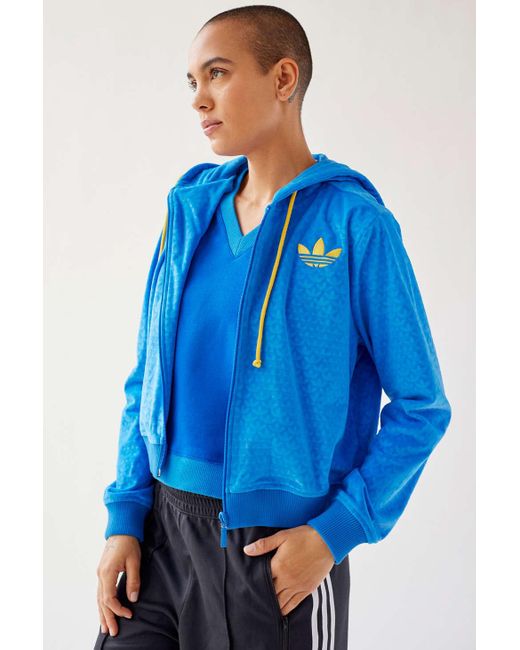 adidas Velour Monogram Zip-up Hooded Jacket in Blue | Lyst