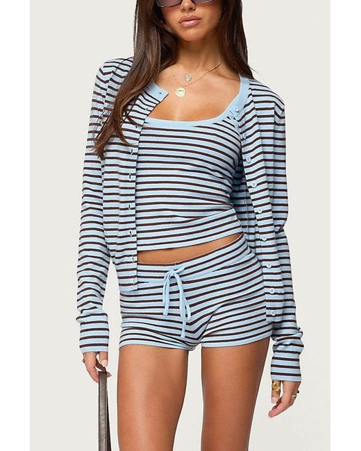 Edikted Blue Lillian Striped Button Up Knit Cardigan