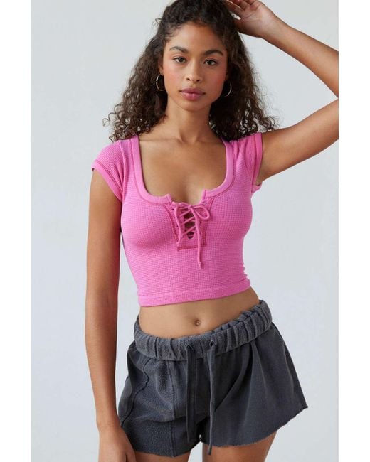 Out From Under Knockout Stretch Seamless Lace-up Top In Pink,at Urban Outfitters
