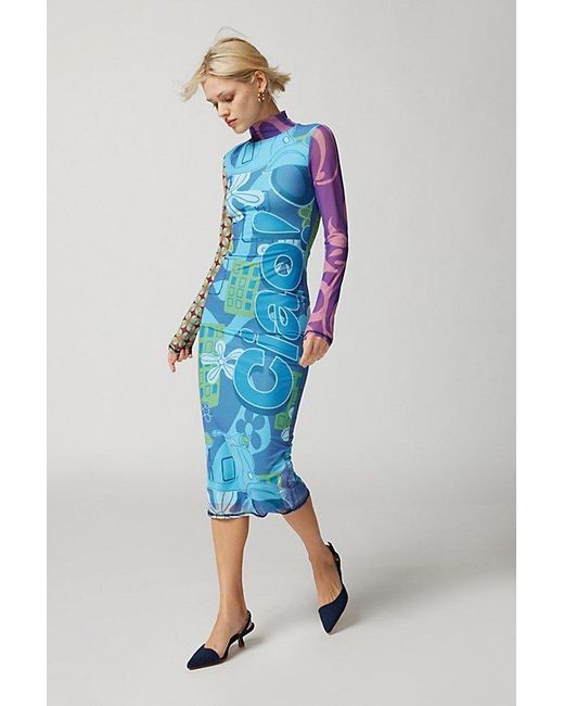 Urban Outfitters Blue Uo Zoe Printed Long Sleeve Midi Dress